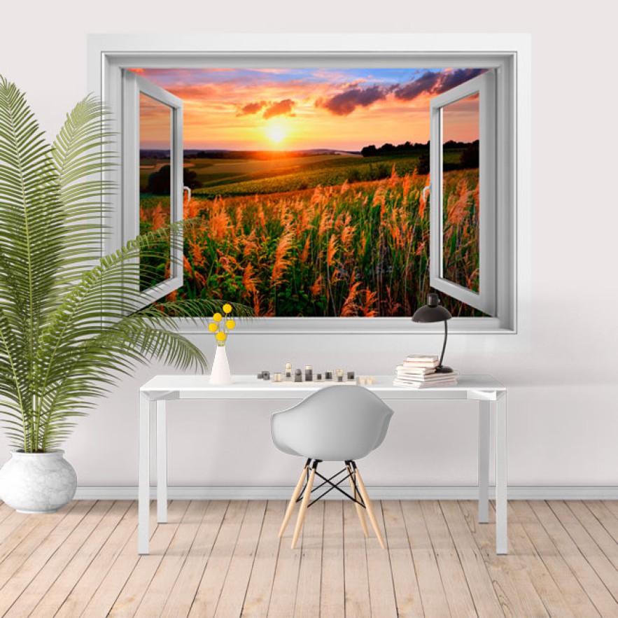 Vinilos ventana 3d atardecer en el campo